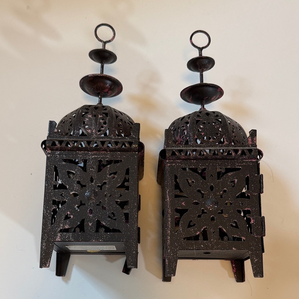 Pair of Black Metal Hanging Lanterns with Subtle Pink Accents